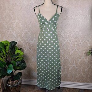 SBEtro Size Small Green Midi Dress White Polka Dots Spaghetti Straps V-Neck NWOT